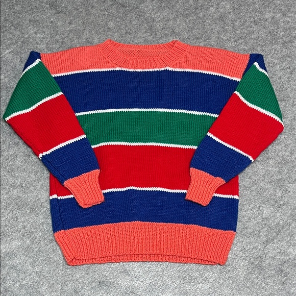 Handmade Sweaters - Women’s Homeknit Striped Crewneck Sweater in Coral Navy & Green